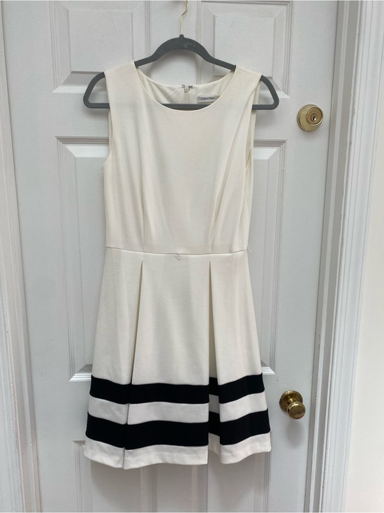Calvin Klein Dresses & Skirts - Calvin Klein White Fit & Flare Dress w Black Stripes on Pleated Skirt - size 6